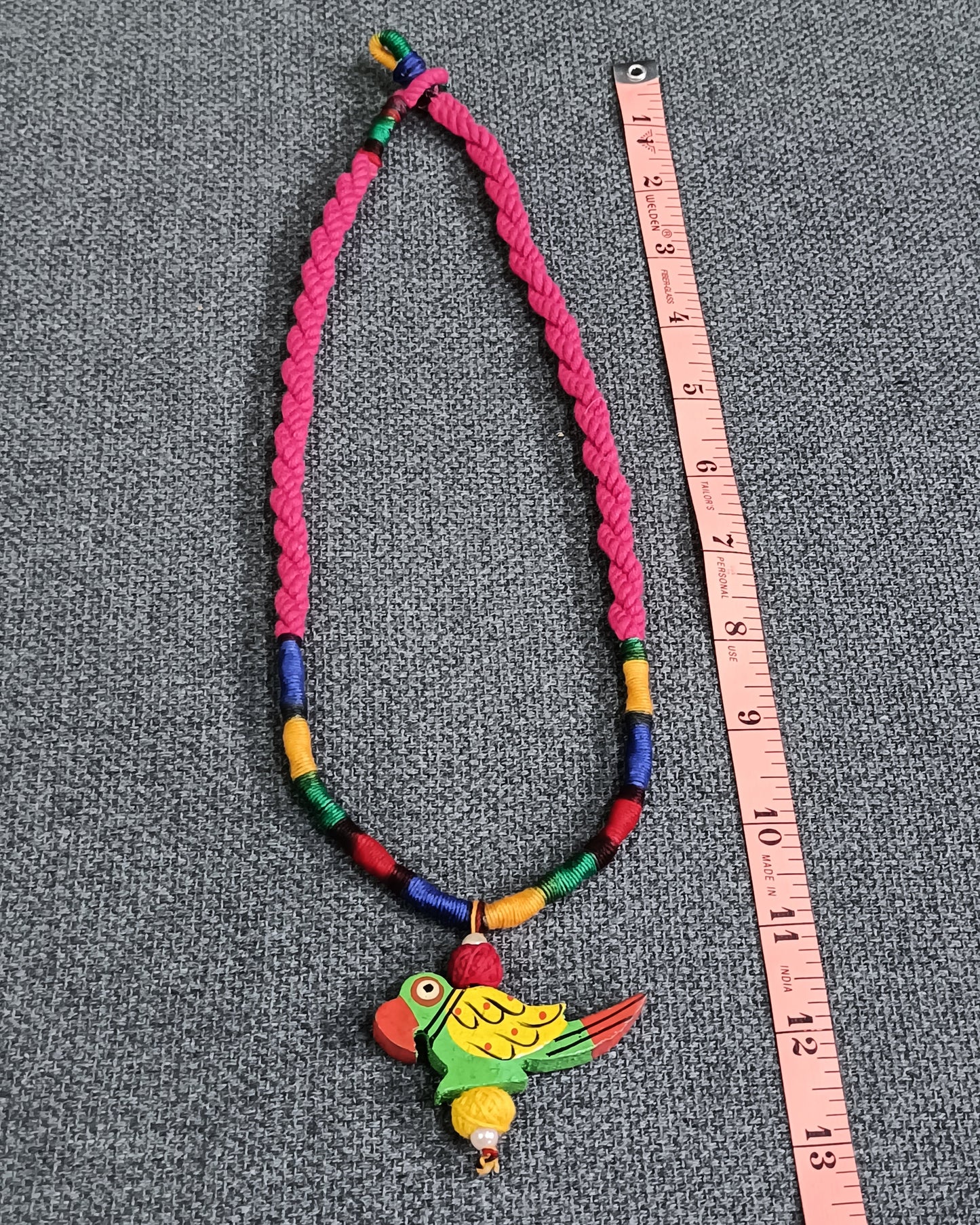Handmade Colourful Thread Necklace with Wooden Parrot Pendant – Boho Tribal Jewellery