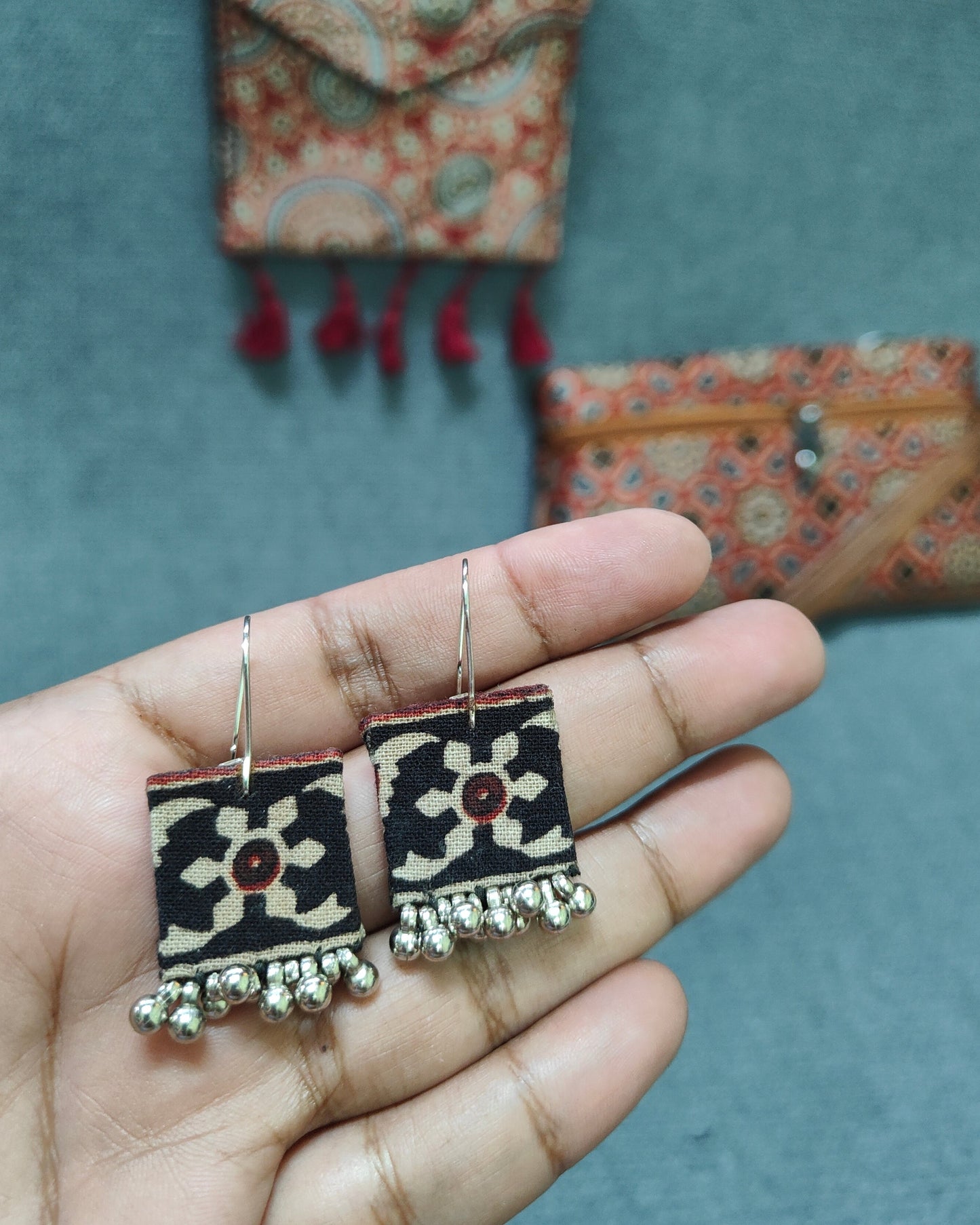 Handcrafted Ajrakh Combo – Sling, Pouch & Earrings | Lakshira