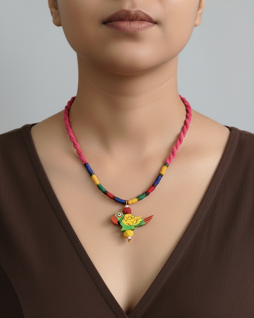 Handmade Colourful Thread Necklace with Wooden Parrot Pendant – Boho Tribal Jewellery