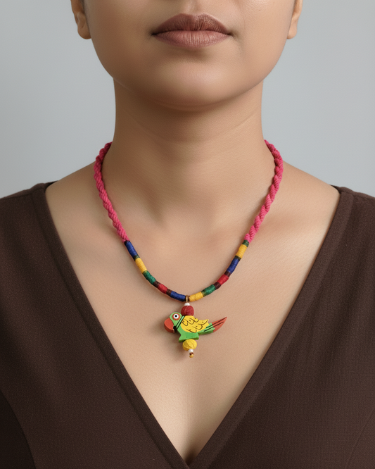 Handmade Colourful Thread Necklace with Wooden Parrot Pendant – Boho Tribal Jewellery