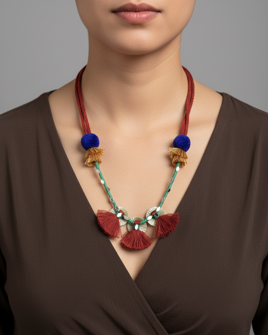 Handmade Boho Tassel Necklace with Pom-Poms – Ethnic Statement Jewellery