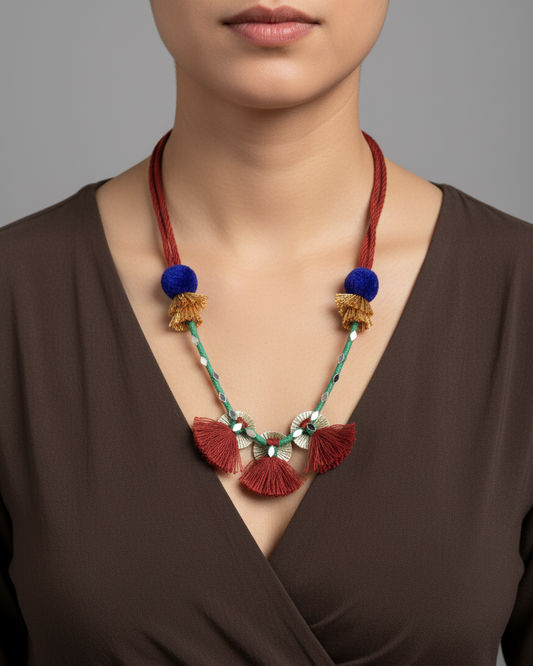 Handmade Boho Tassel Necklace with Pom-Poms – Ethnic Statement Jewellery