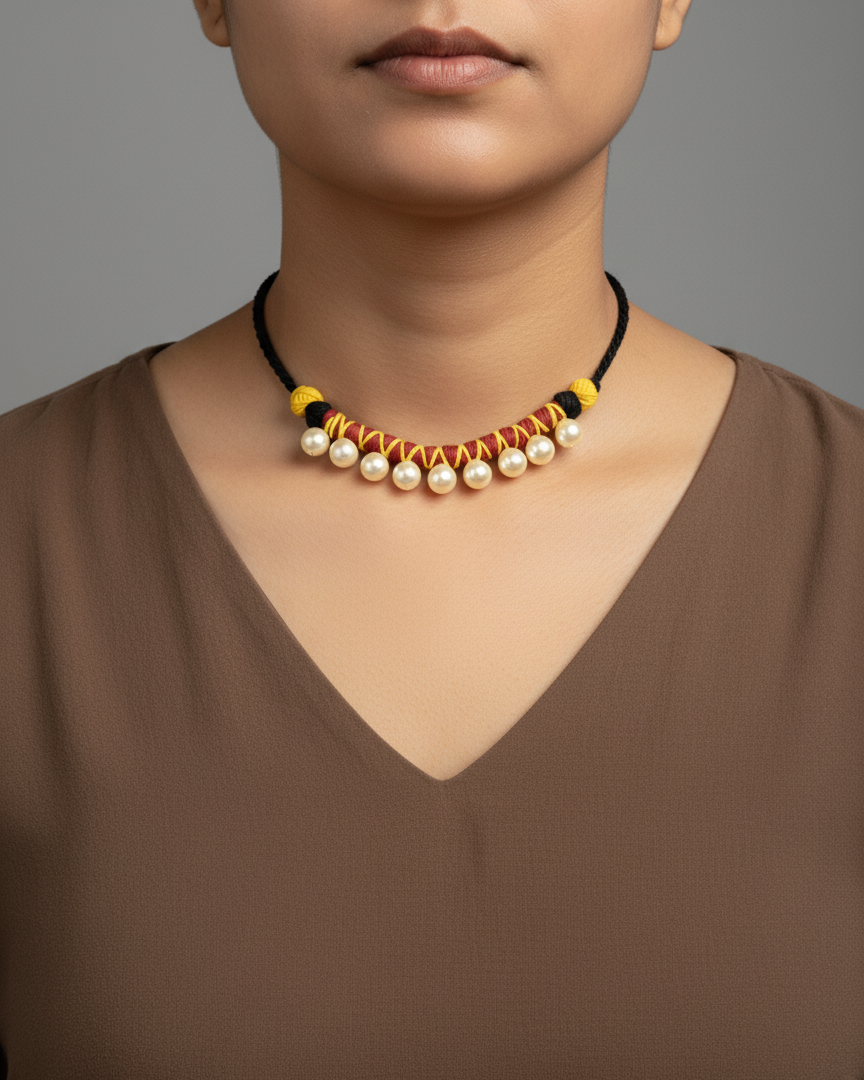 Handmade Black Thread Necklace with Pearls – Boho Ethnic Statement Jewelry