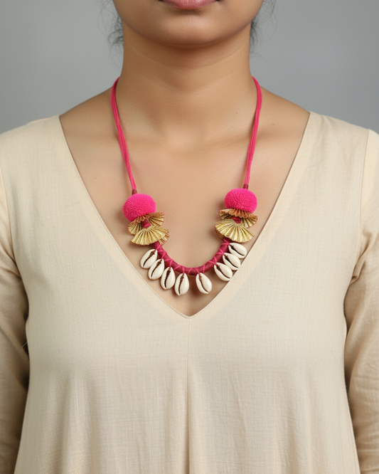 Handcrafted Shell & Pom Pom Necklace – Boho Tribal Statement Jewelry
