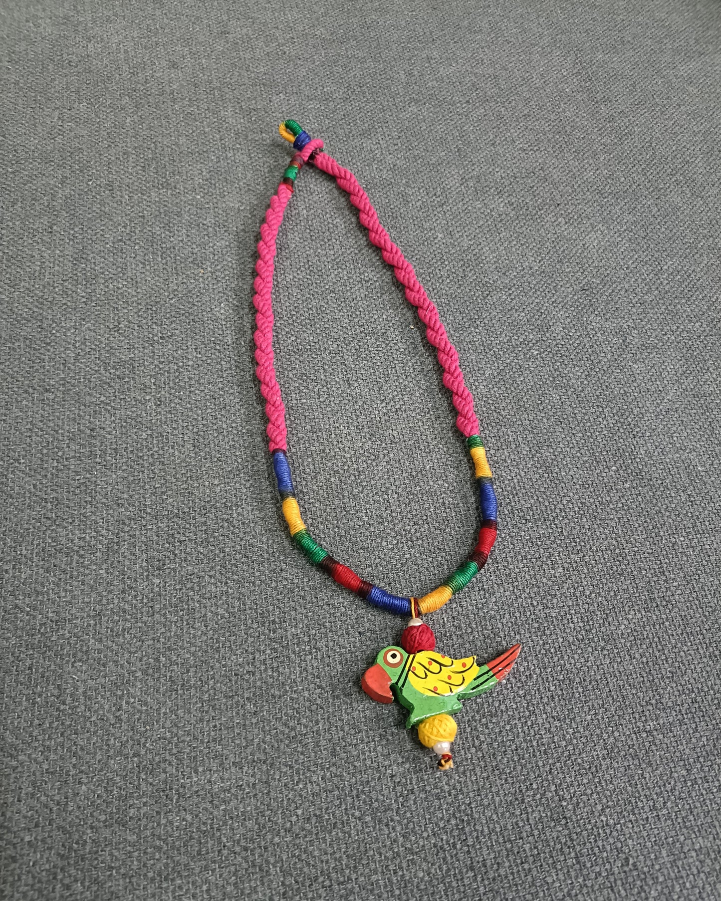 Handmade Colourful Thread Necklace with Wooden Parrot Pendant – Boho Tribal Jewellery