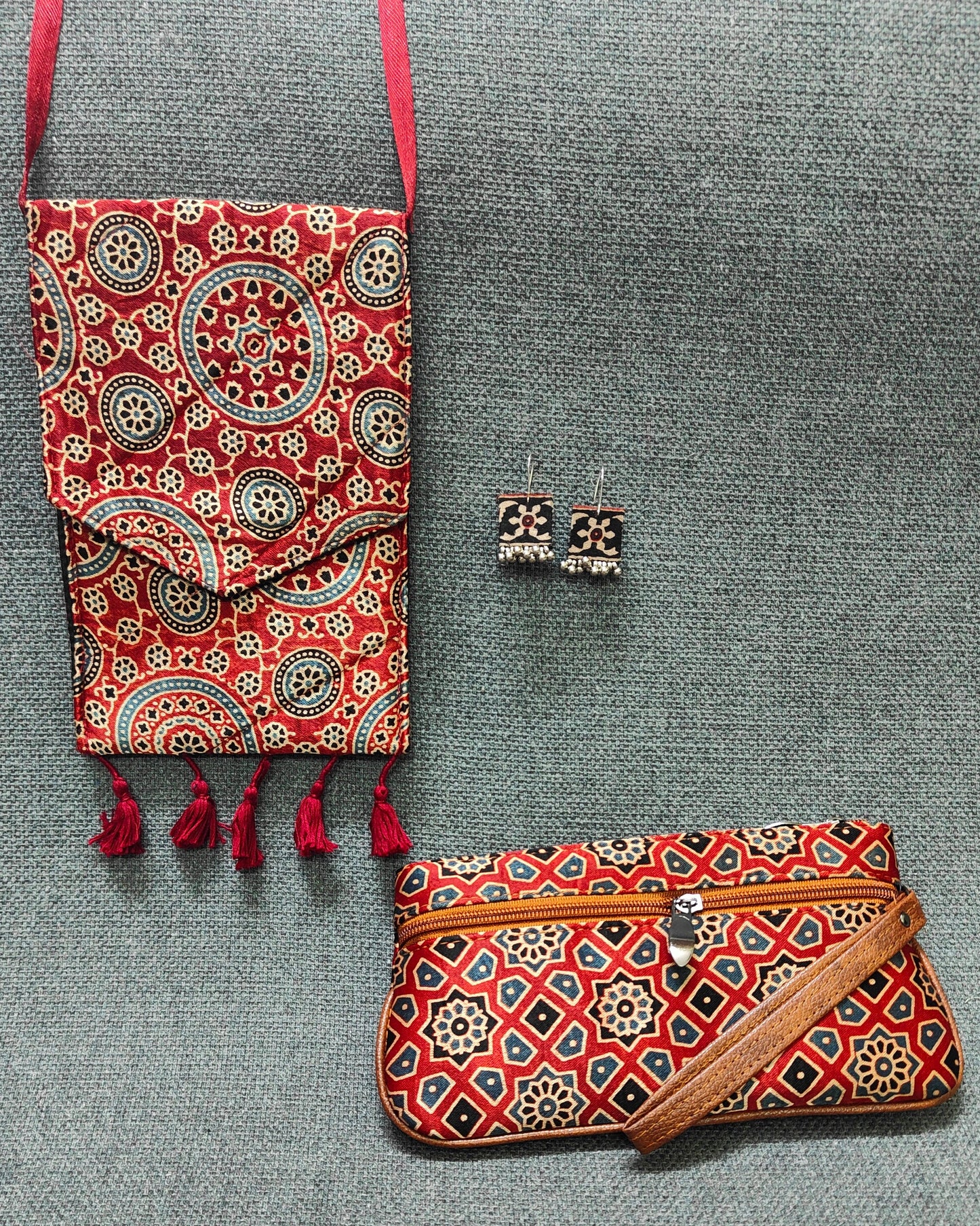 Handcrafted Ajrakh Combo – Sling, Pouch & Earrings | Lakshira