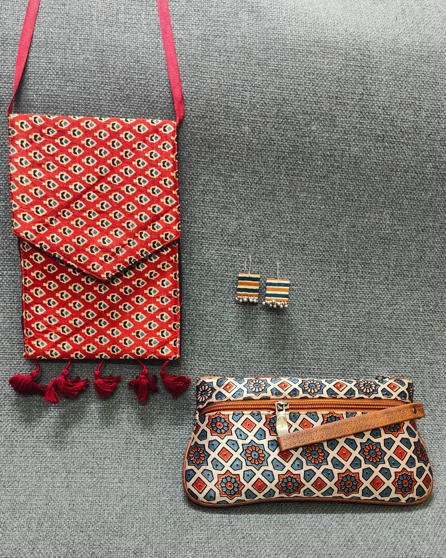 Handcrafted Ajrakh Combo – Sling, Pouch & Earrings | Lakshira