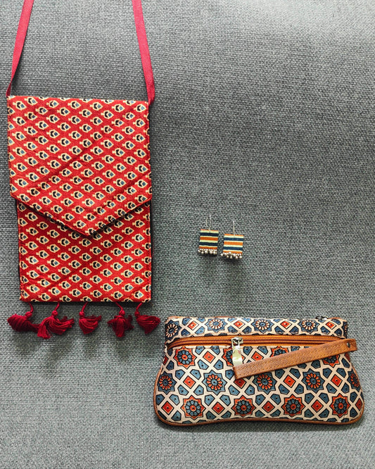Handcrafted Ajrakh Combo – Sling, Pouch & Earrings | Lakshira