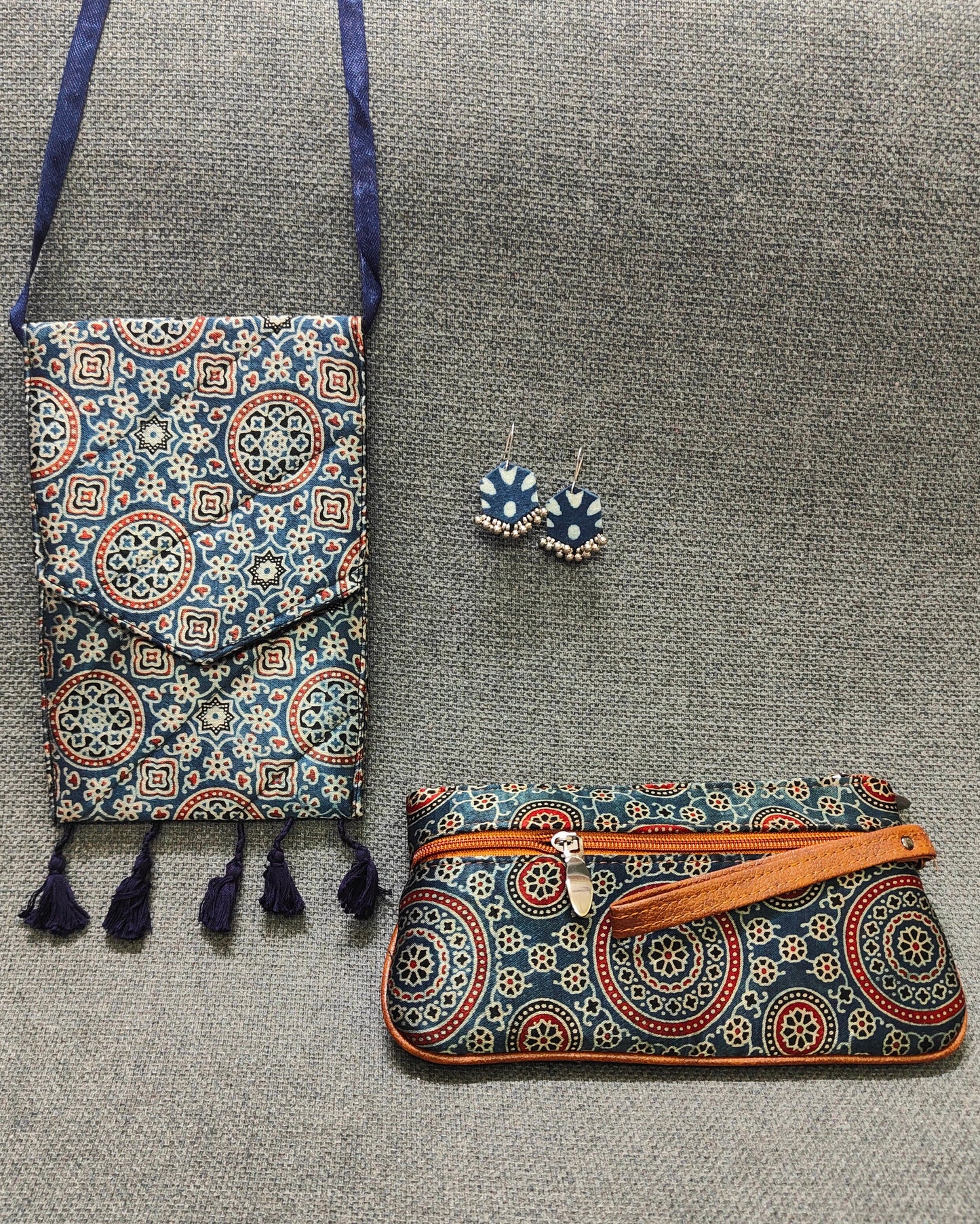 Handcrafted Ajrakh Combo – Sling, Pouch & Earrings | Lakshira