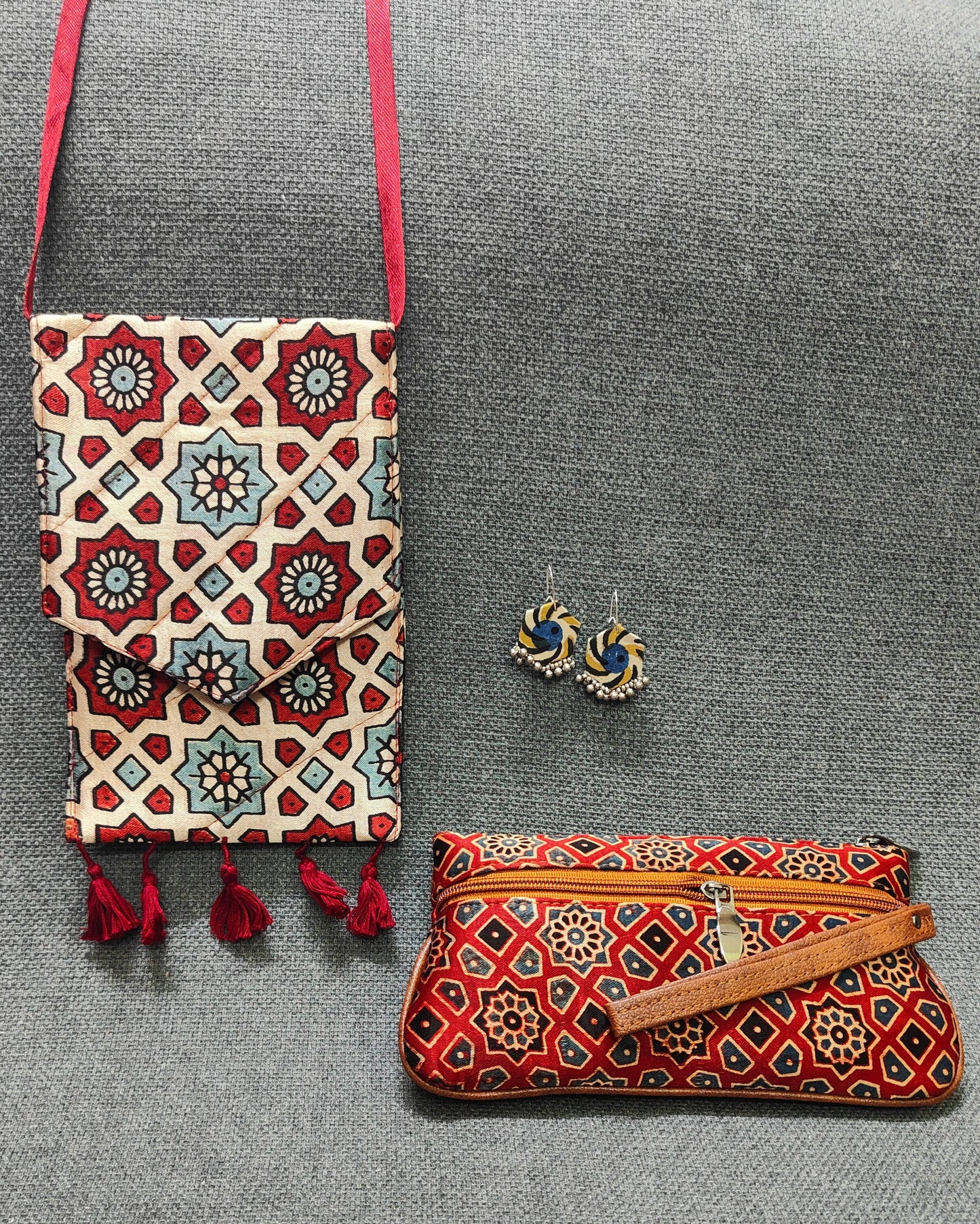 Handcrafted Ajrakh Combo – Sling, Pouch & Earrings | Lakshira