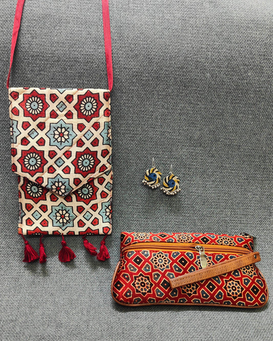 Handcrafted Ajrakh Combo – Sling, Pouch & Earrings | Lakshira