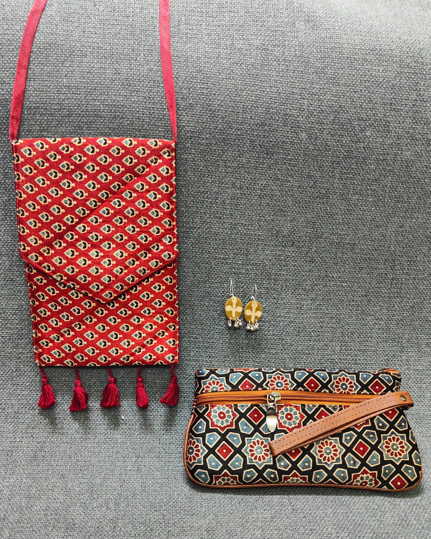 Handcrafted Ajrakh Combo – Sling, Pouch & Earrings | Lakshira