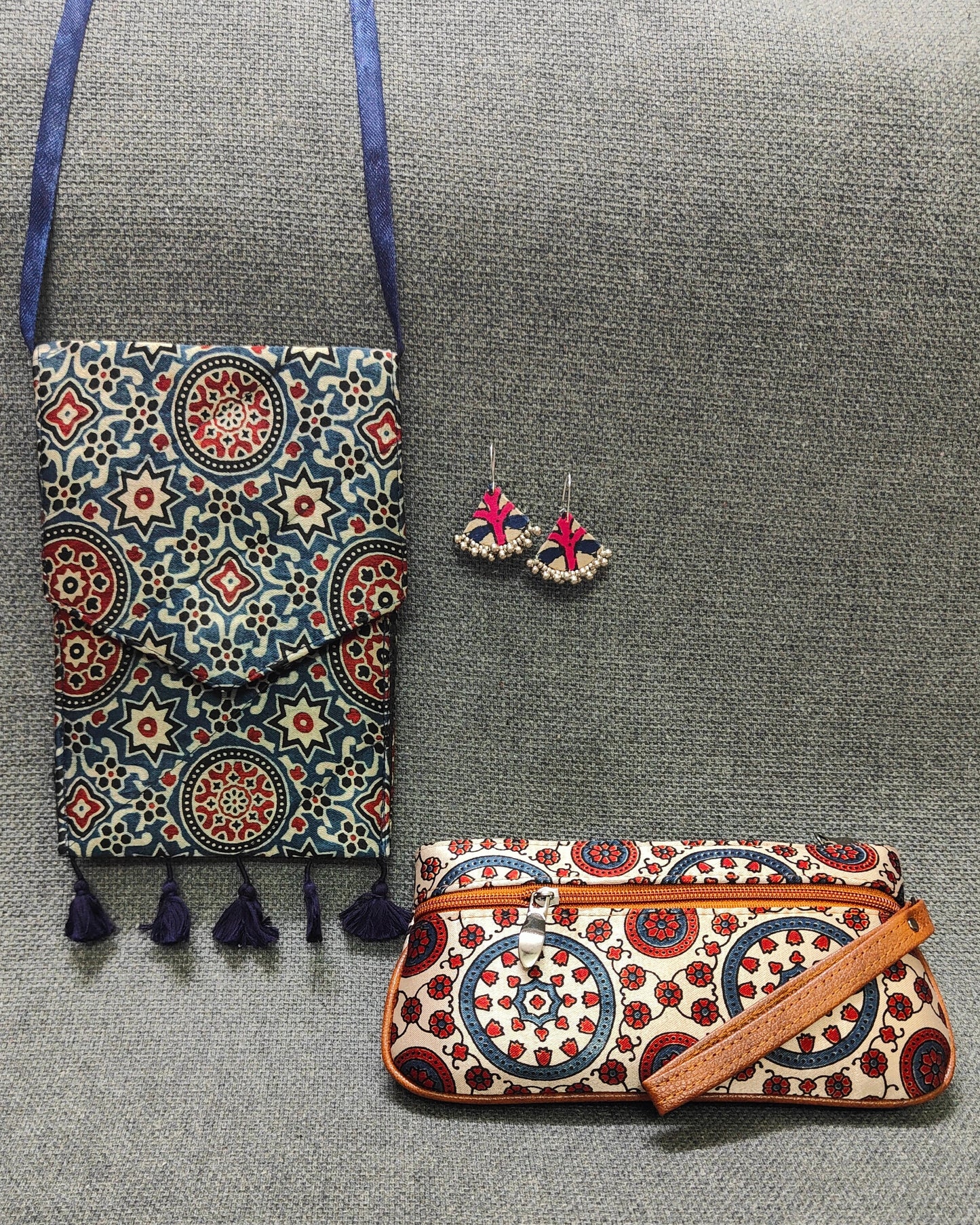 Handcrafted Ajrakh Combo – Sling, Pouch & Earrings | Lakshira