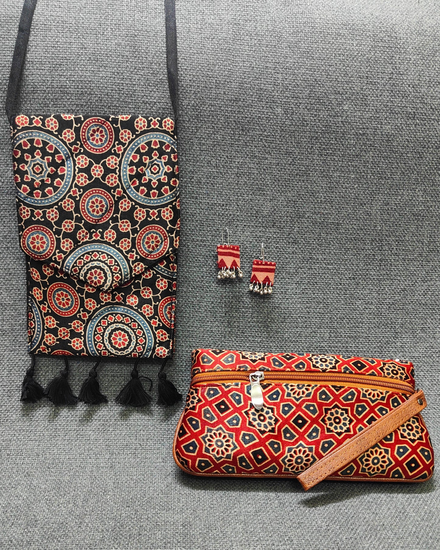 Handcrafted Ajrakh Combo – Sling, Pouch & Earrings | Lakshira
